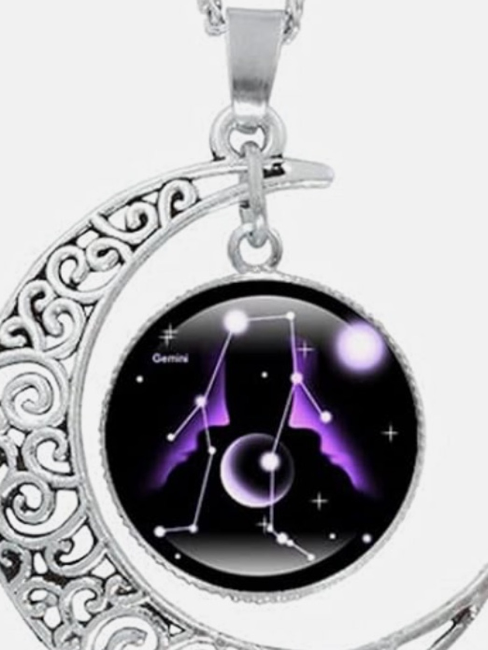 Celestial Crescent Moon Gemini Pendant Necklace - Silver and Purple C2